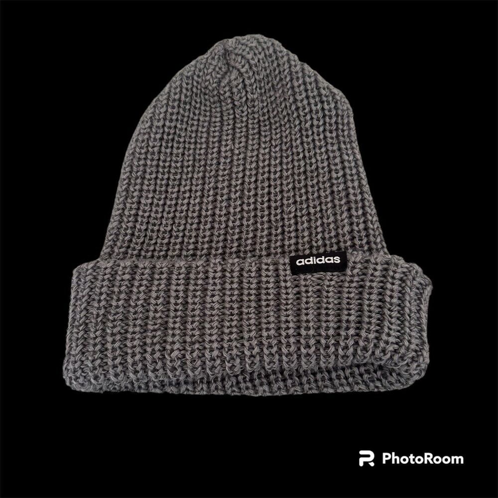 Adidas Logo Unisex Winter Beanie Hat Gray Knit Stretch Acrylic Adult Outdoor